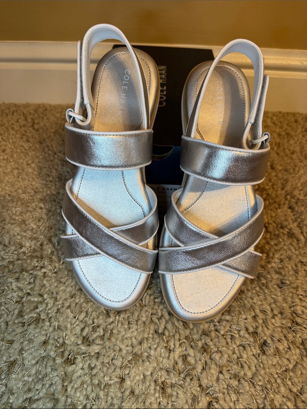 Cole Haan Silver and White Strappy Wedge Sandals